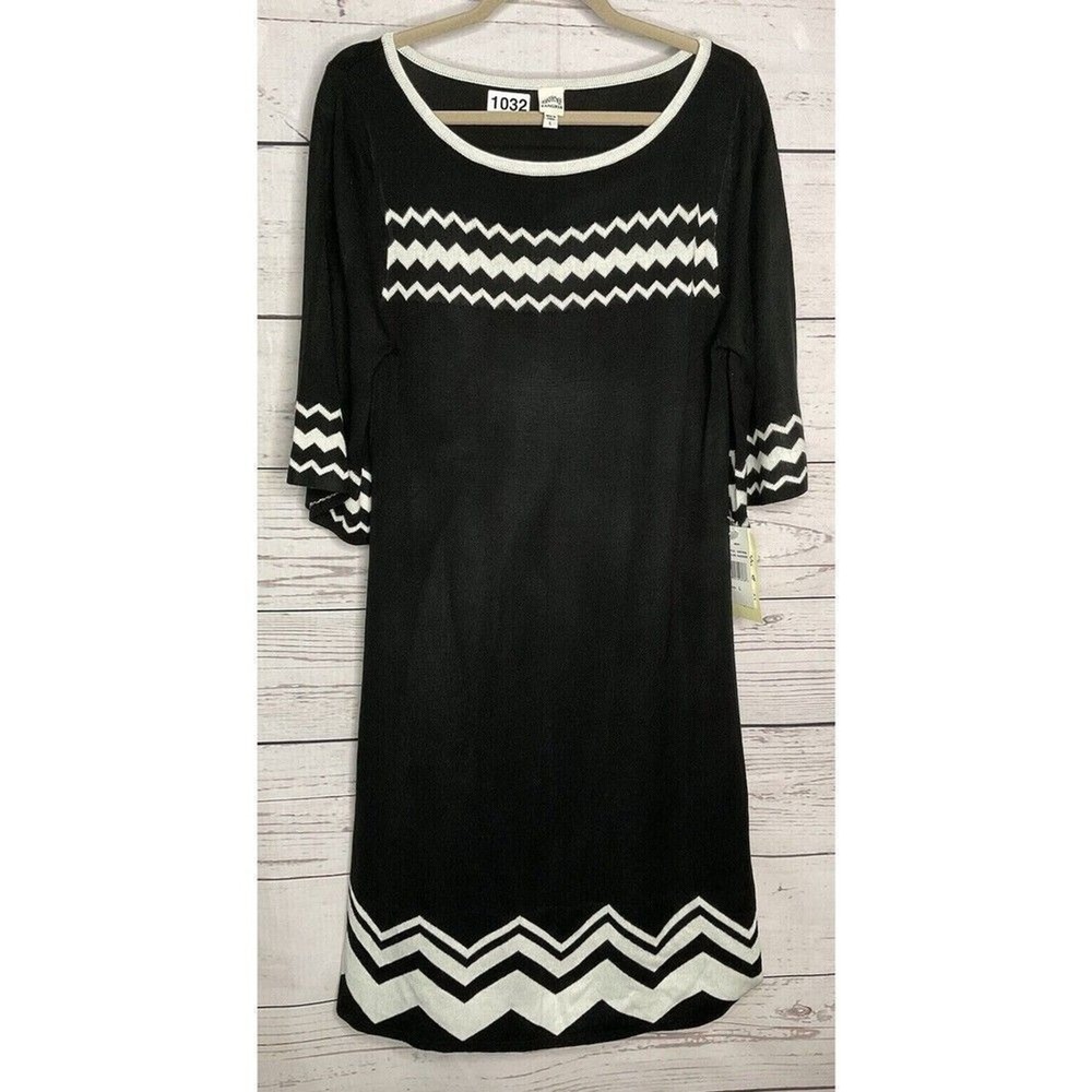 NWT‎ Sangria Black/Ivory Chevron 3/4 Sleeve Fit & Flare Midi Dress Women L China